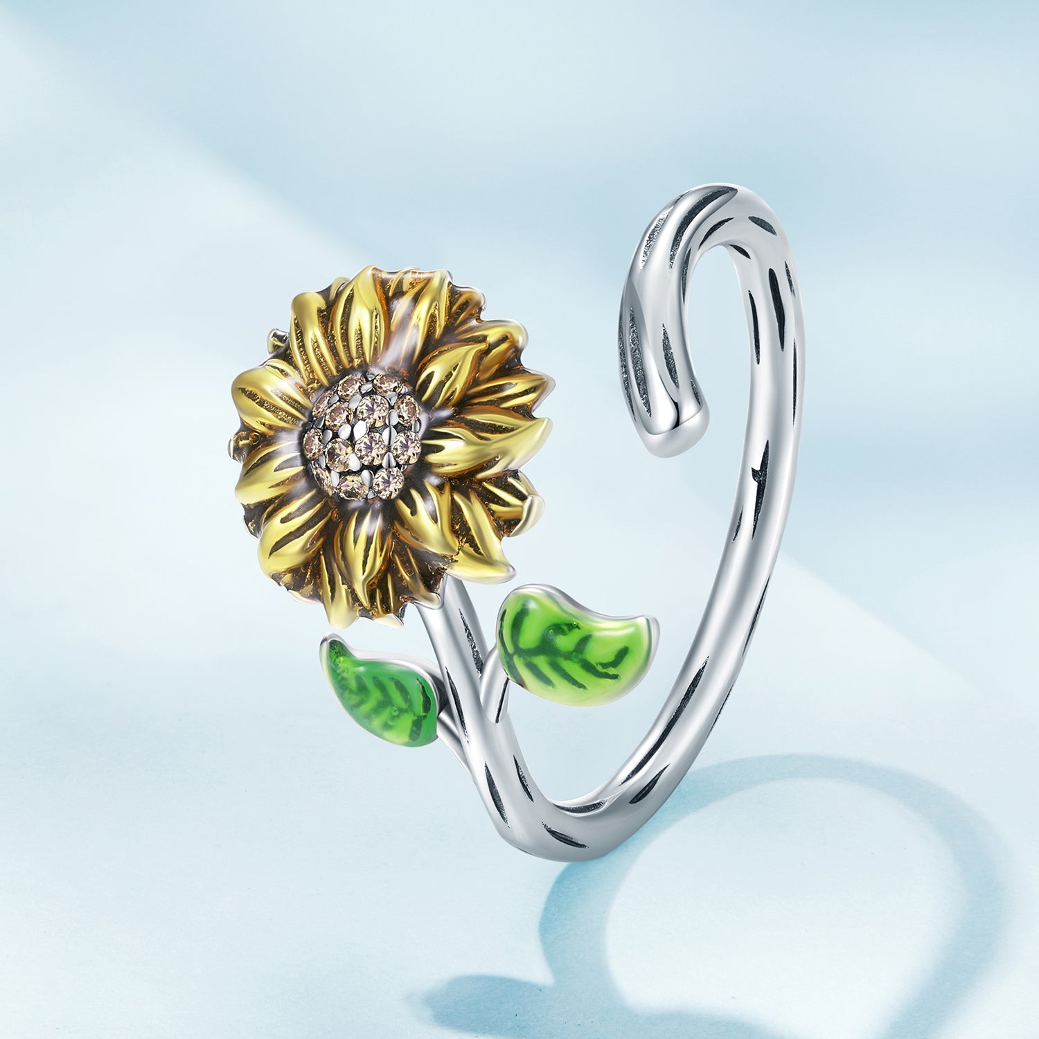 Silver Ring Sunflower CZ Open Ring For Sale - sursenso Open Rings