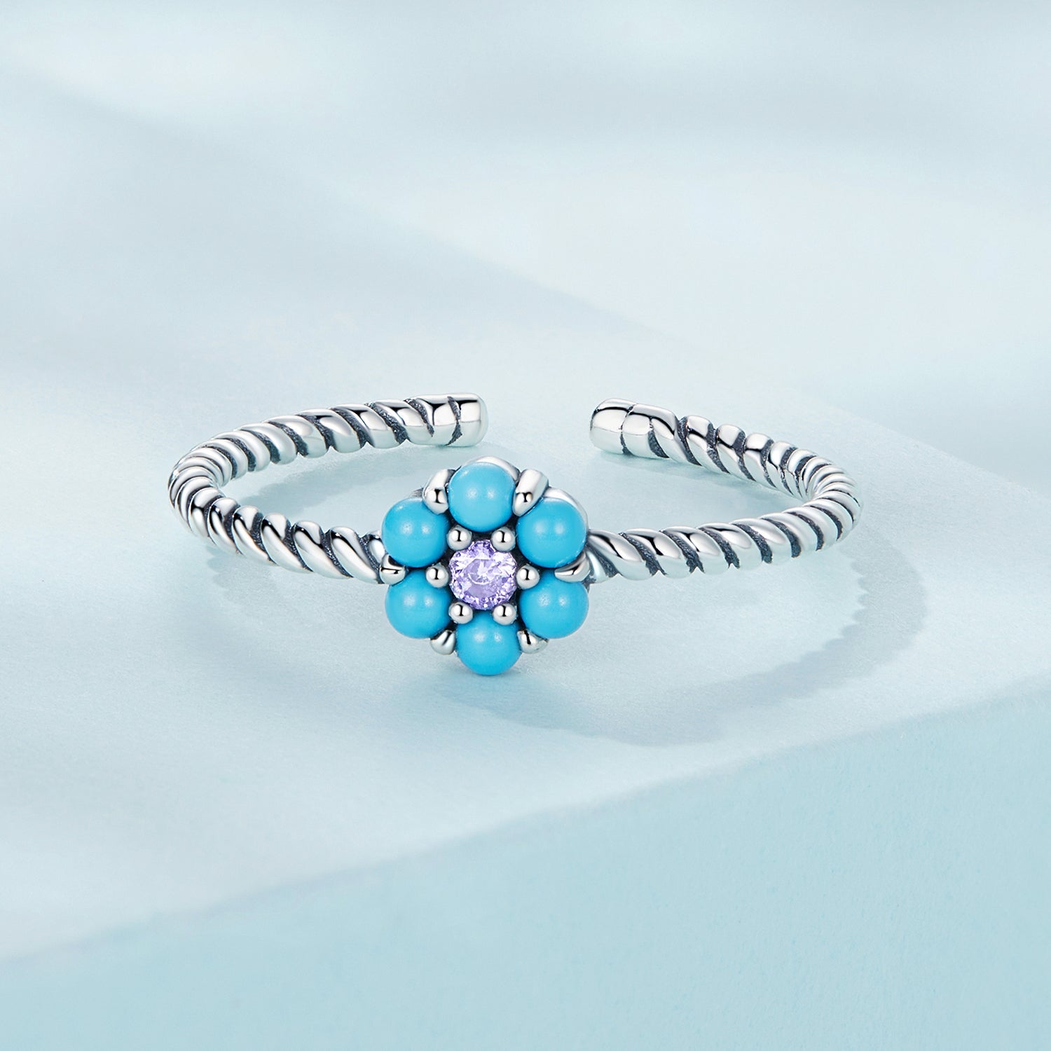 Silver Ring Turquoise Flower CZ Open Ring For Sale - sursenso Open Rings
