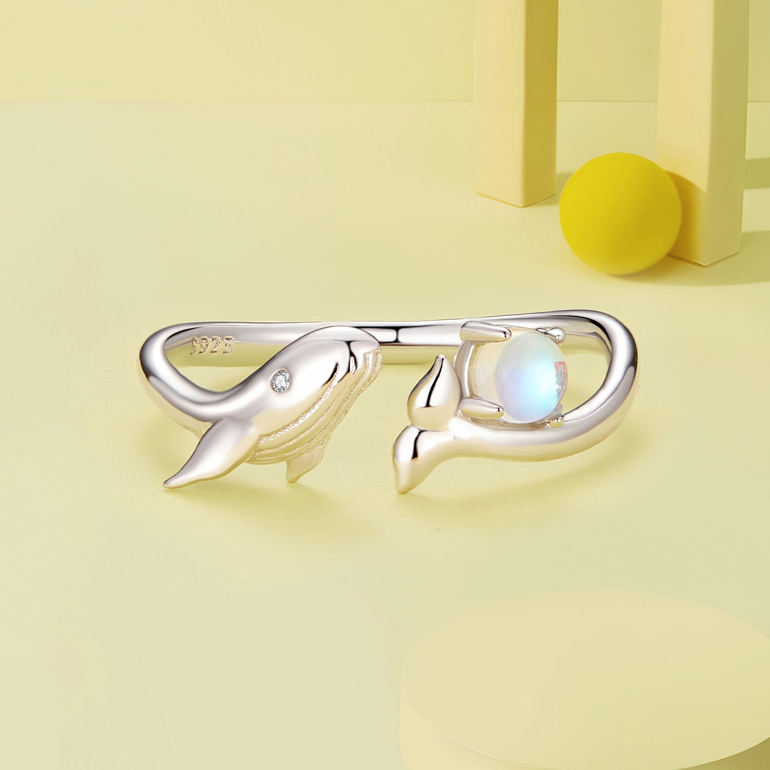 Silver Ring Whale Moonstone CZ Open Ring For Sale - sursenso Open Rings