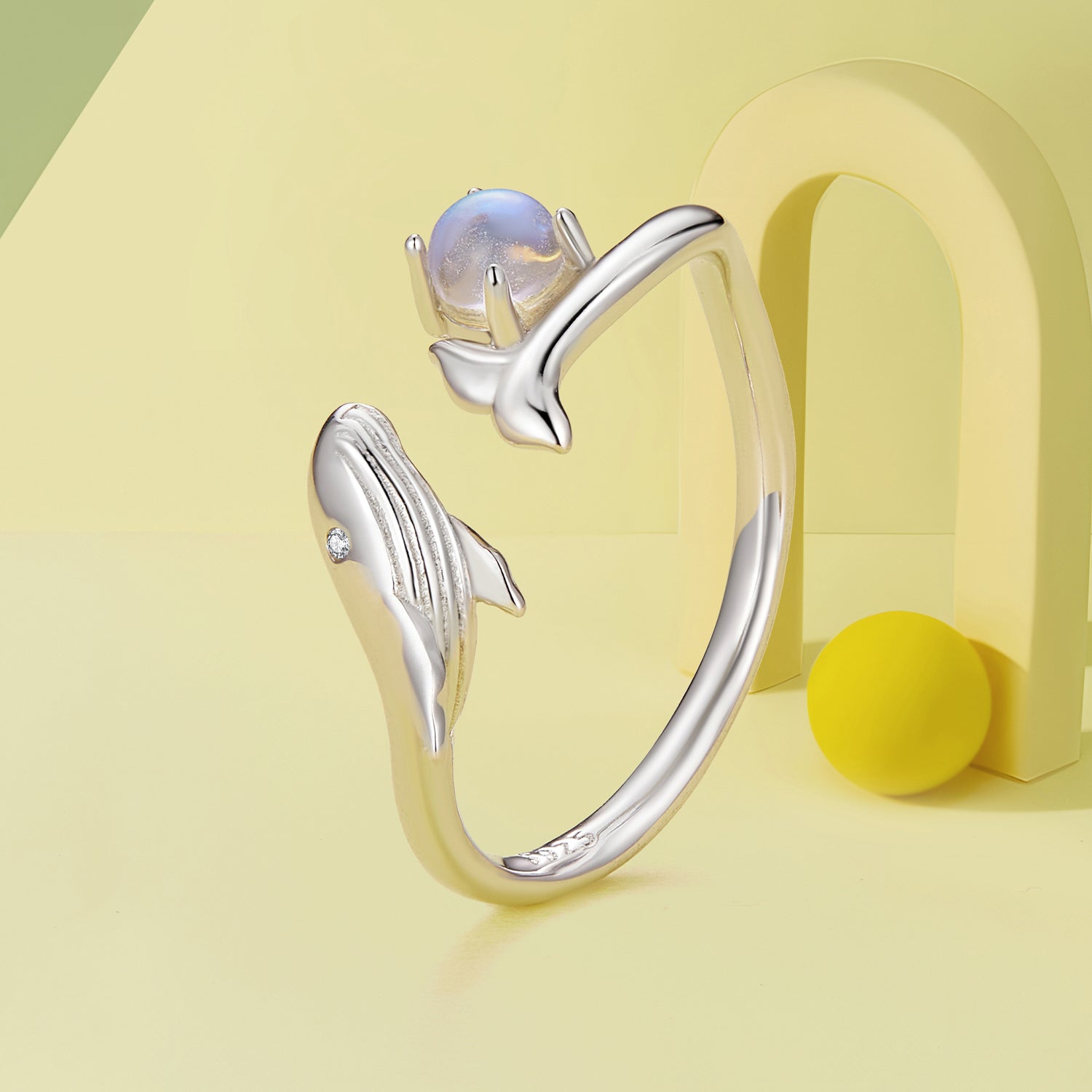 Silver Ring Whale Moonstone CZ Open Ring For Sale - sursenso Open Rings