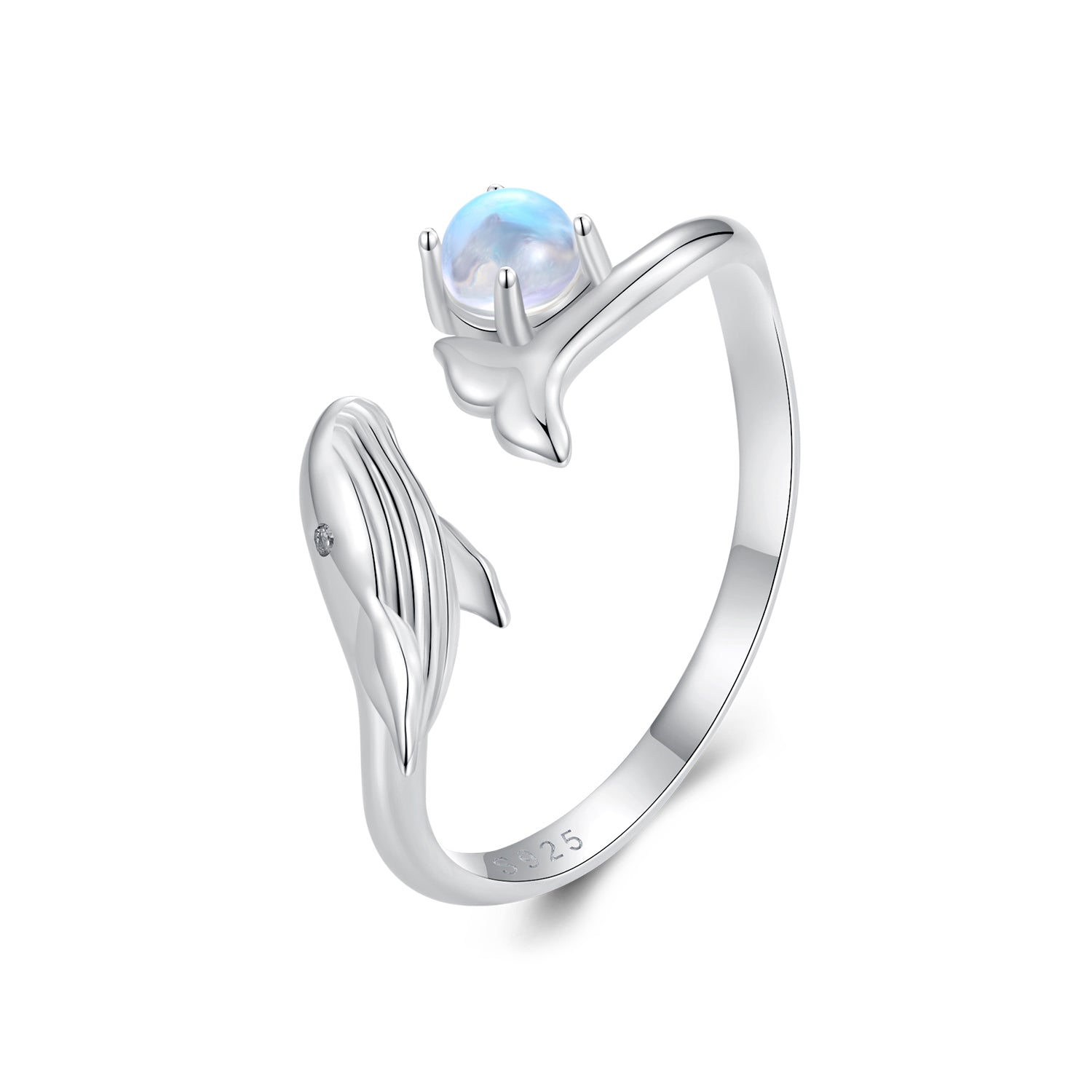 Silver Ring Whale Moonstone CZ Open Ring For Sale - sursenso Open Rings